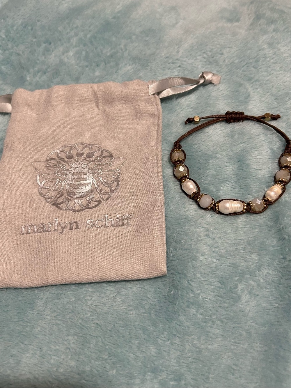 Marlyn Schiff Brown Cord Pearl and Crystal Bead adjustable Bracelet